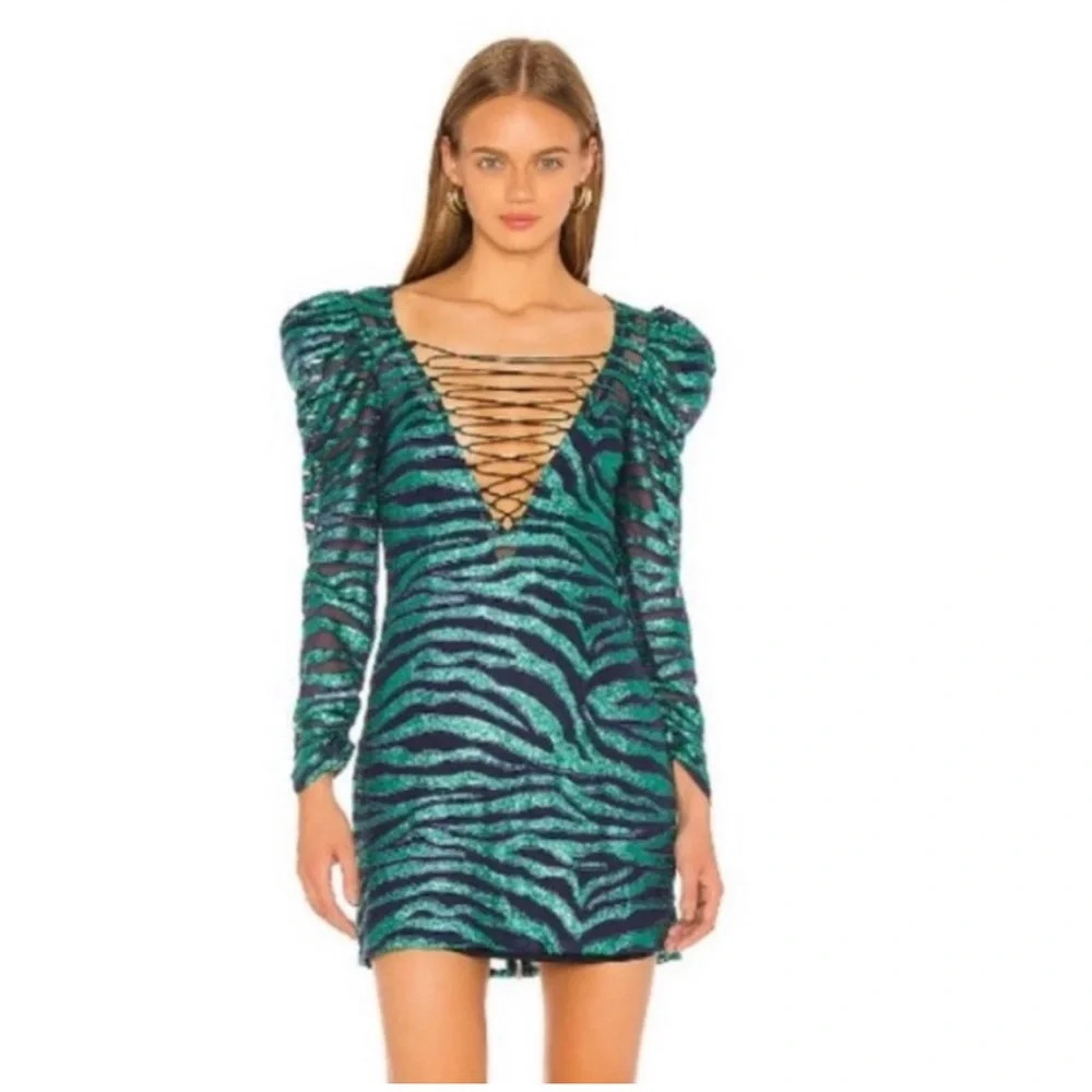 For Love and Lemons Vixen Mini Dress In Blue / Green Sequined